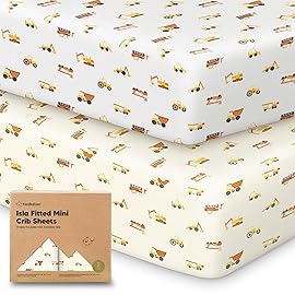 Pack and Play Sheets Fitted - 2-Pack Mini Crib Sheets for Pack N Play Mattress 38x26, Soft & Cozy, Neutral Toddler Playard Bedding, Snug Fitted Mini Baby Crib Mattress Cover Boy, Girl (Construction)
