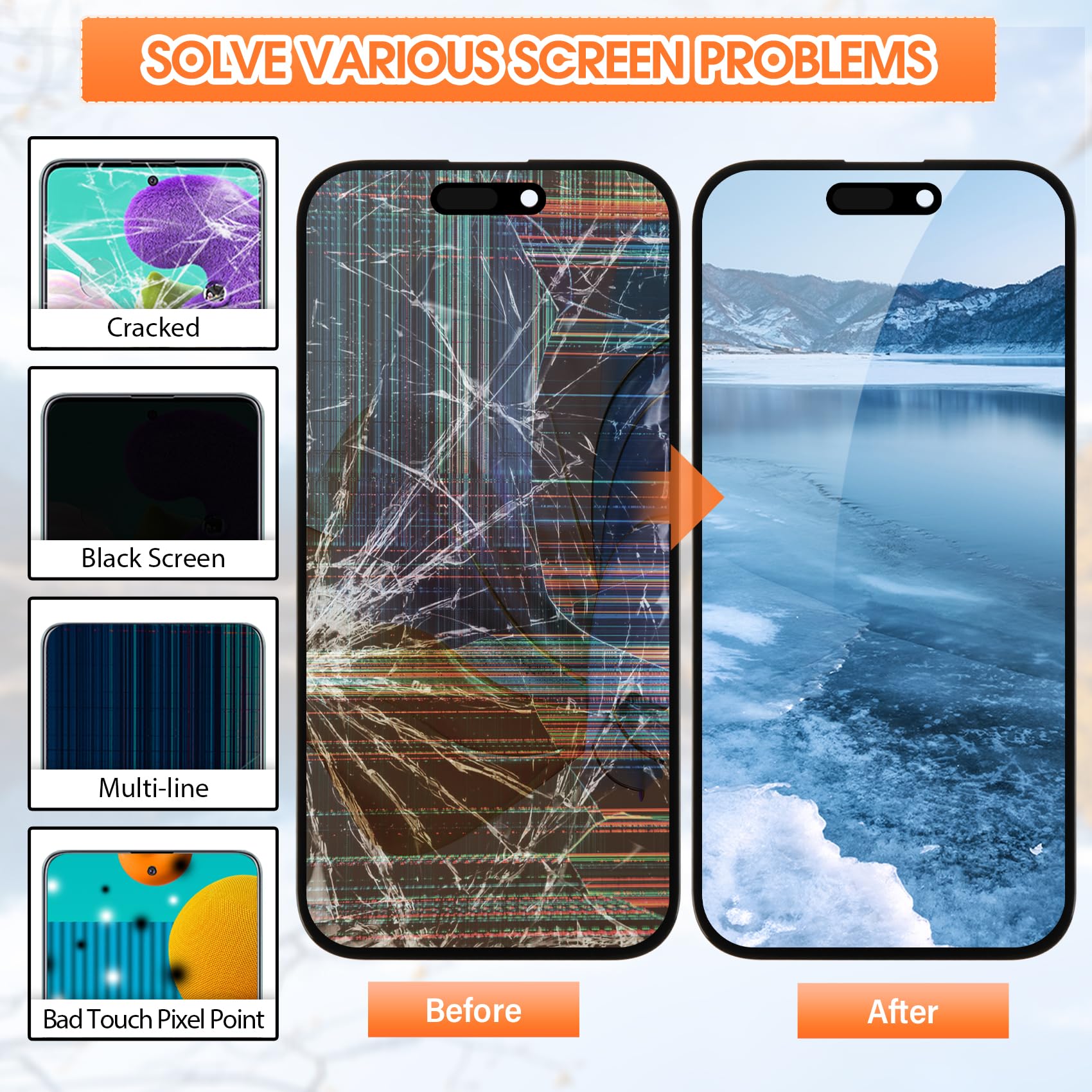 Display für iPhone 14 Pro LCD Ersatzbildschirm, Touch Digitizer Assembly (A2890, A2650, A2889, A2892, A2891) mit Reparatur-Werkzeug-Set
