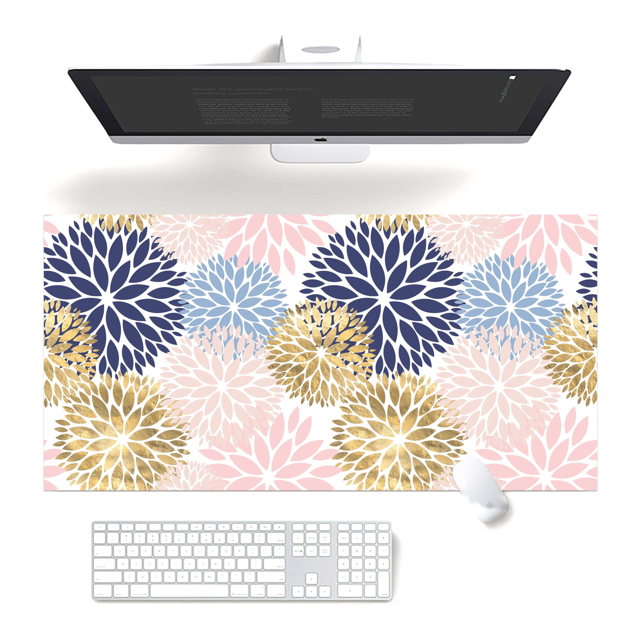 Dahlia Flower Mouse Pad,Blue/Gold/Pink Computer Desk Mat,XL Gaming Mousepad 31.5x15.7in,Large Desk Mat for Desktop with Stitched Edges Non-Slip Base,