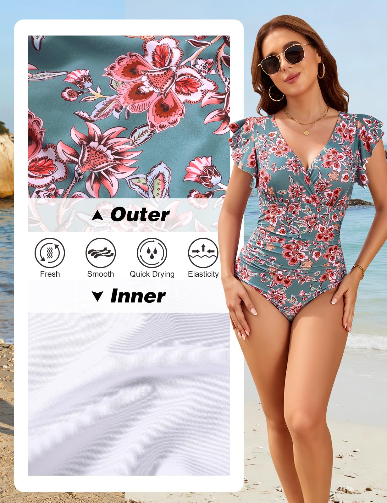 Yuson Bañadores Mujer de Una Pieza Reductores Cuello en V Fruncido Trajes de Baño Sexy Monokini Talla Grande