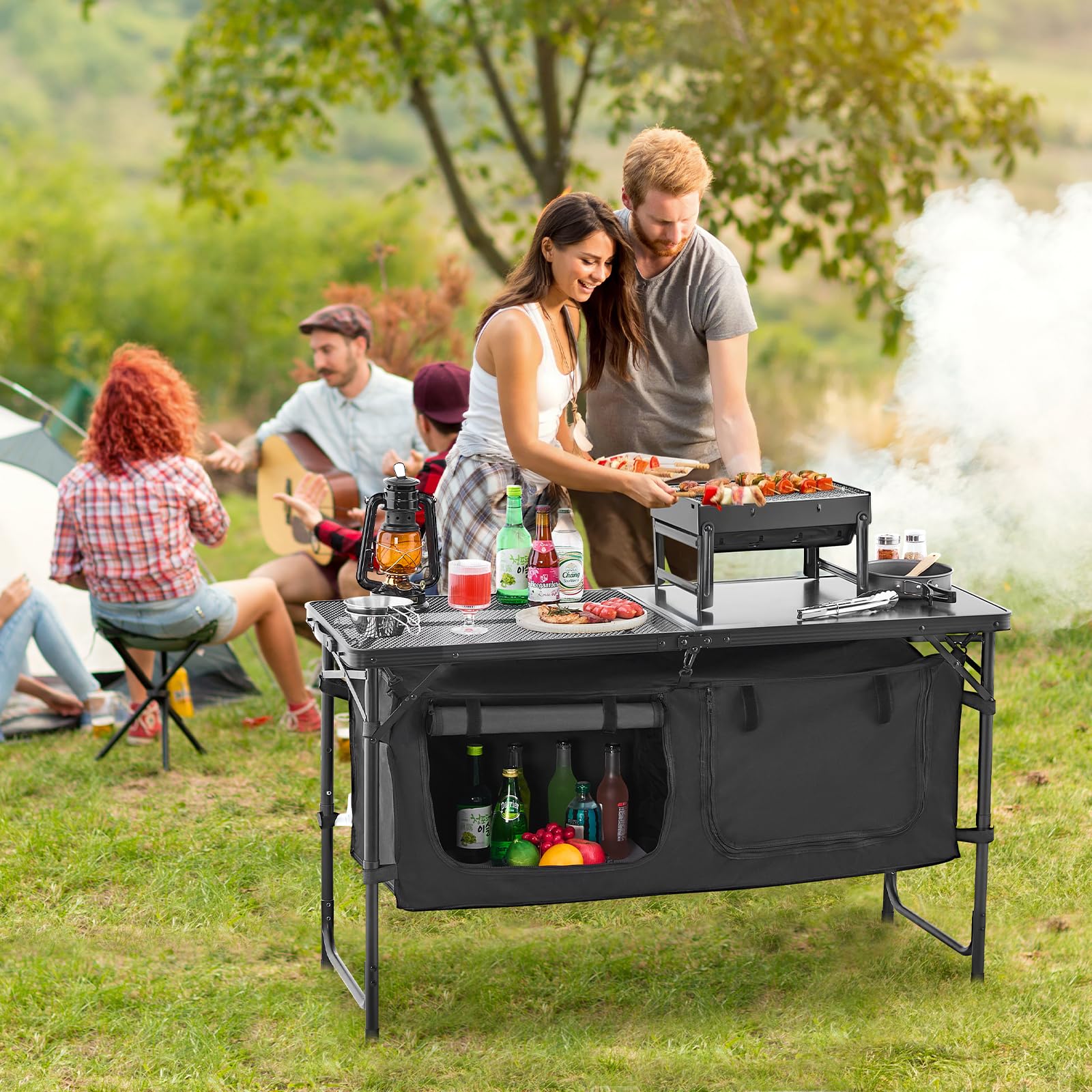 VEVOR Camping Küchentisch klappbarer Kochtisch Outdoor, 3-Fach höhenverstellbar, Aluminium, Organizer, Tragegriff, Schwarz