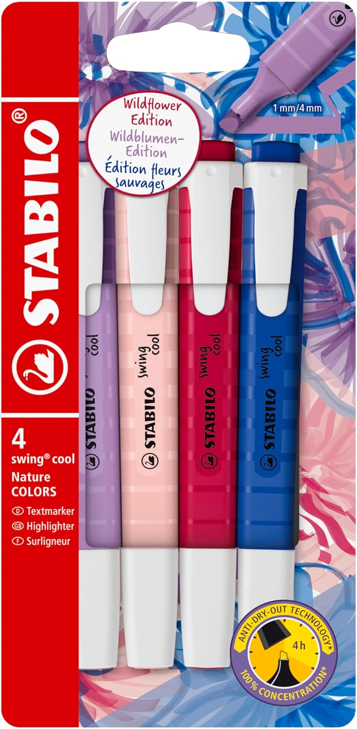 STABILO swing cool NatureCOLORS Wildflower - Highlighter - Pack of 4 - Blush, Burgundy, Grey Violet and Ultramarine
