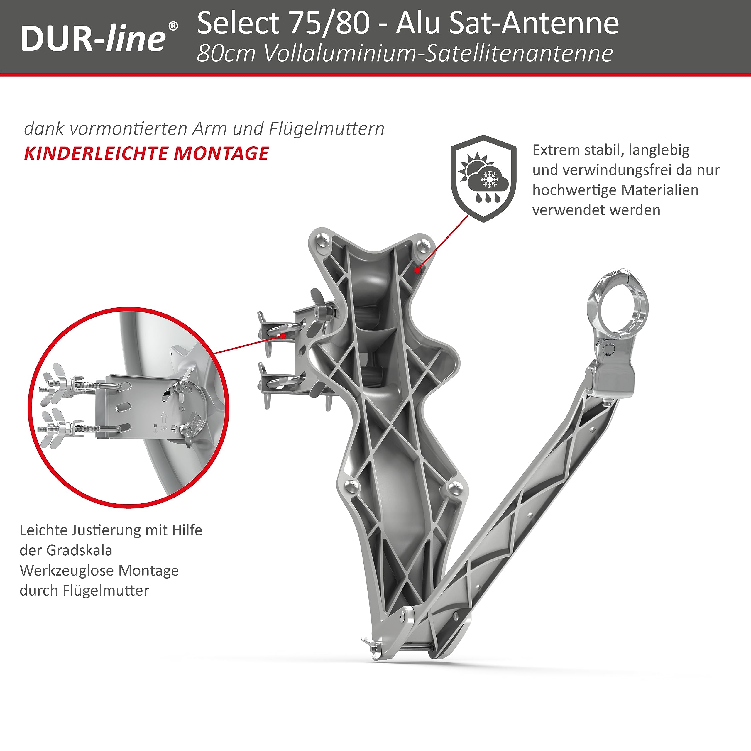 DUR-line sELECT 75/80 x 3 cm Antenne Parabolique Satellite Camping Car, Parabole Aluminium