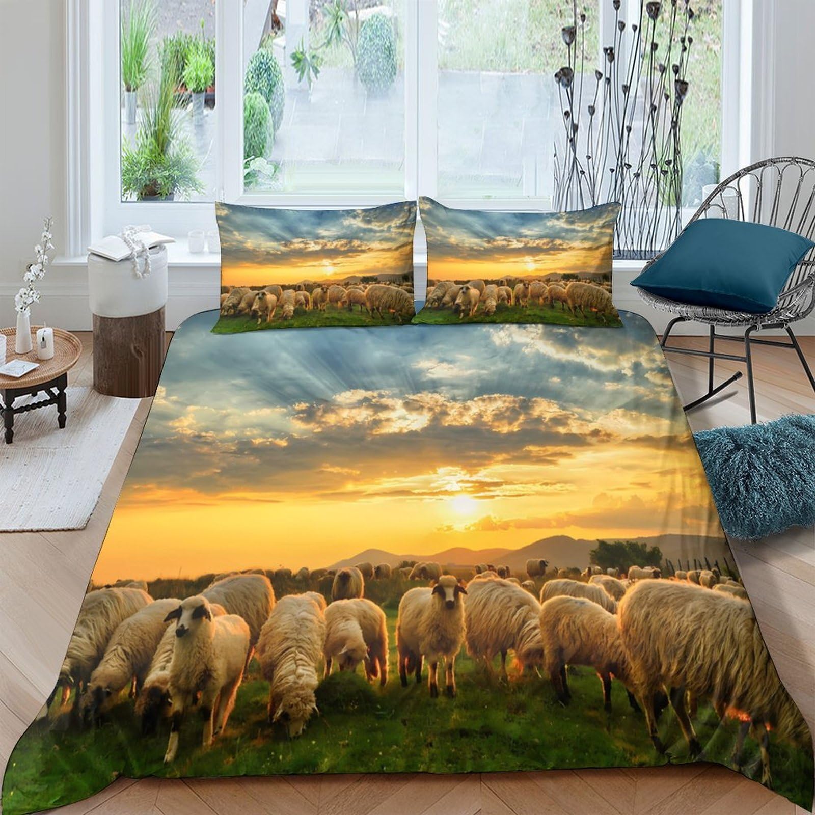 Ctjqhvkz Style-2 3D Printed Sunset Pasture Fitted Sheet Microfiber Soft Sheep Landscape Mattress Cover For Bedroom Dorm Decor Single（135X200cm）