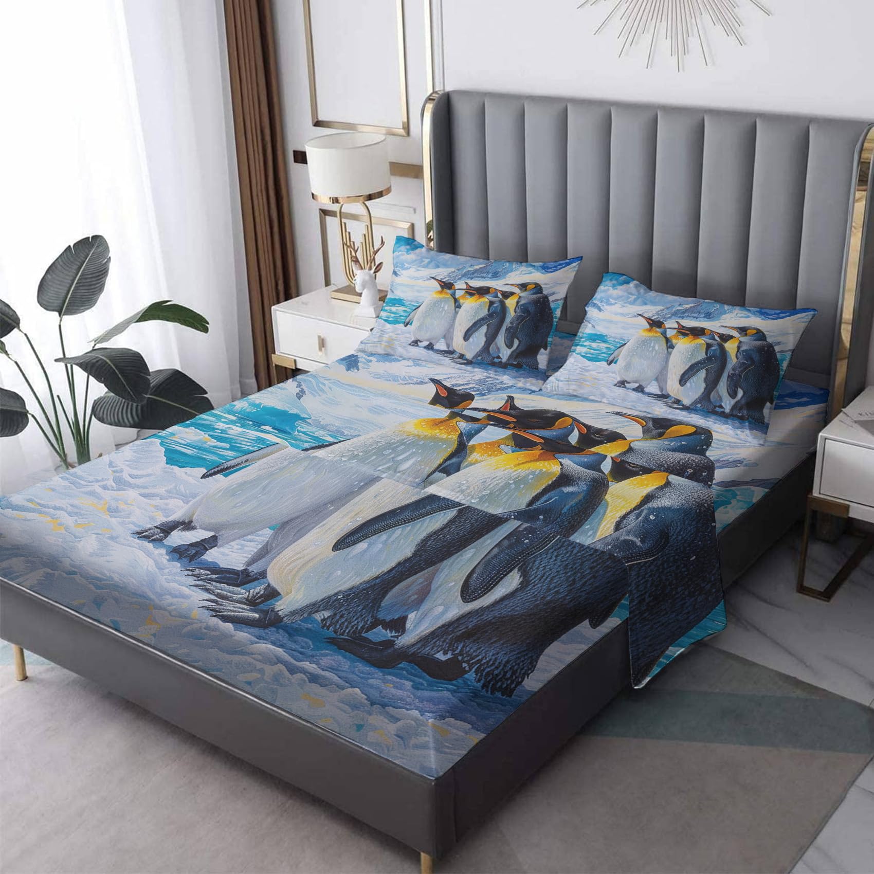 Zvynqour California King Sheet Sets Penguin Bed Sheets - Funny Wildlife Deep Pocket Fitted Sheets & Flat Sheets & Pillowcases 4 Piece Set - Cute Animal Bedding & Decor - Soft Cosy Microfibe