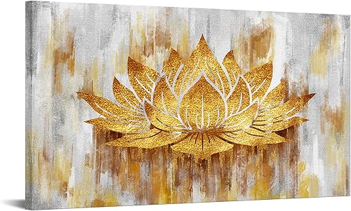 sechars Arte de pared de flor de loto, pintura floral dorada abstracta, impresiones en lienzo, obras de arte zen para decoración de sala de estar,