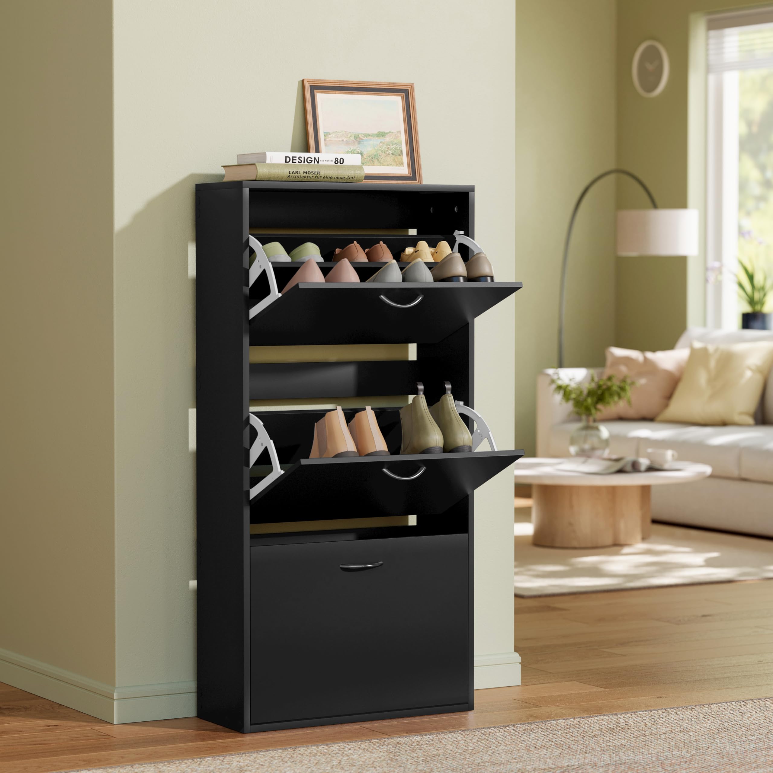 WOLTU Zapatero de Entrada, Armario de Zapatos con 3 Puertas Abatibles, Zapatero Estrecho de Recibidor Pasillo Salon, Estantes Ajustables, Capacidad 14-18 Pares, 58x23x118 cm, Negro | Para 14-18 pares de zapatos, adecuado para pasillos y salones, 58 x 23 x