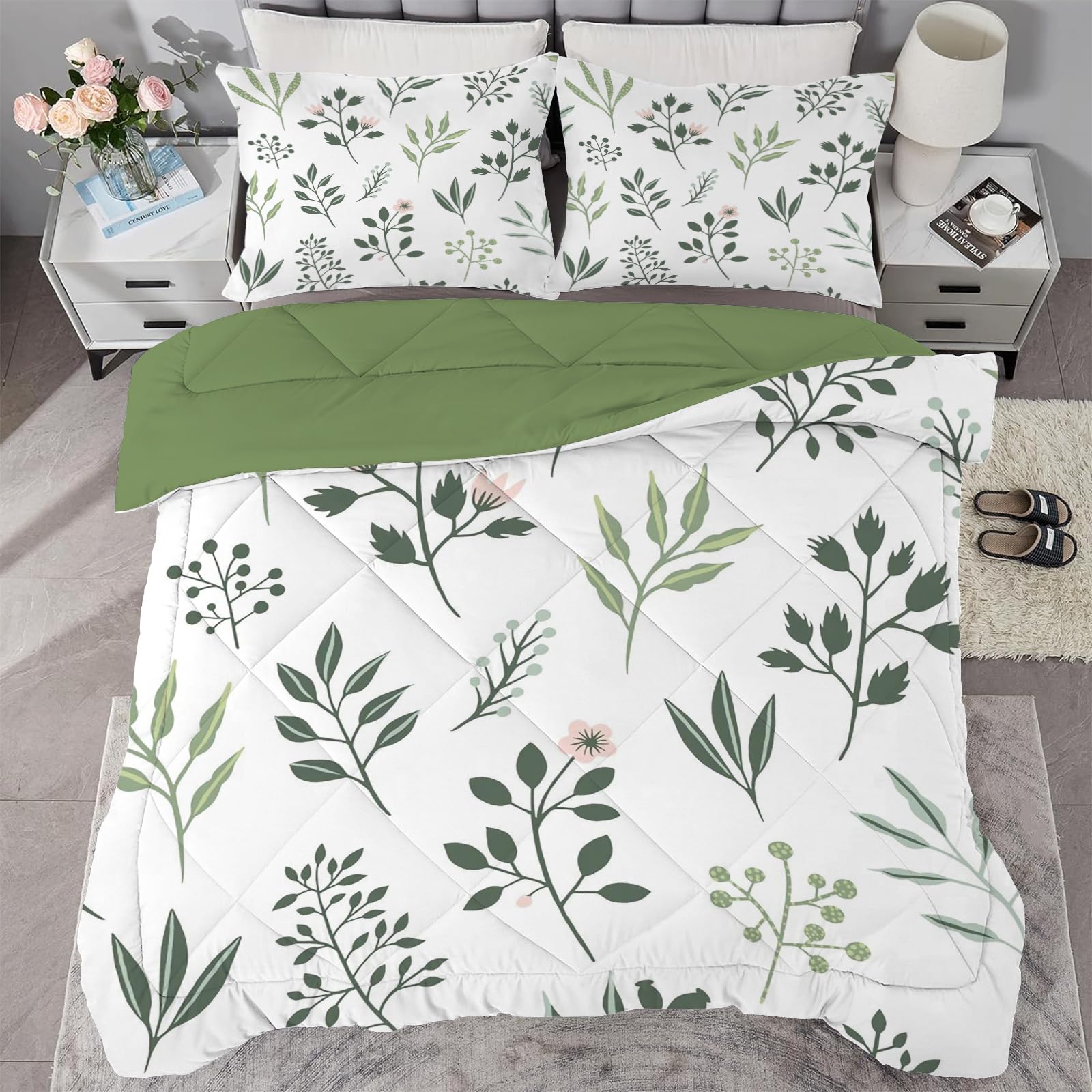 Set Trapunta, Piumone Leggero 170x230 cm in Microfibra Sintetico, Copriletto Singolo Estivo Primaverile con 2 Federa, Trapunta Double Face Foglie, Verde