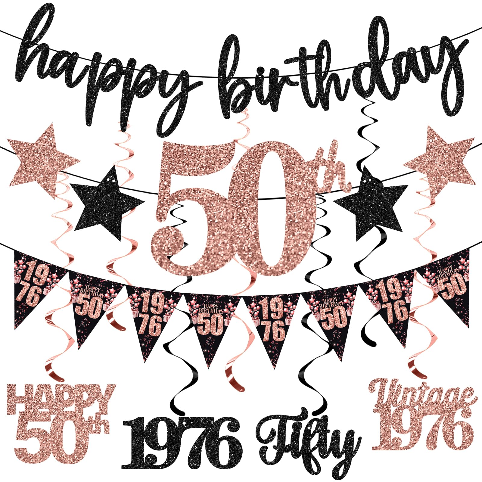 12PCS 50th Birthday Decorations for Women, Rose Gold Vintage 1976 Happy 50th Birthday Banner Triangle Flag Banner Glitter Hanging Swirls Party