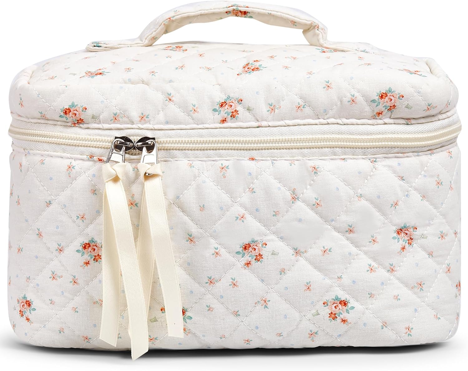 Makeup Bag Large Travel Quilted Cosmetic Makeup Bag Organizer, Floral Cotton Coquette Aesthetic Toiletry Bag for Women Girls (Garden Floral-L)