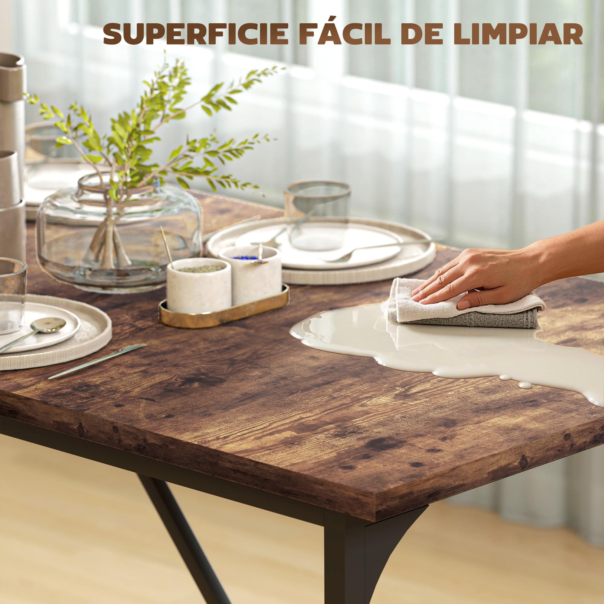 HOMCOM Mesa de Comedor Rectangular 180x80x75,5 cm Marrón Rústico | Para 6-8 Personas, Mesa de Cocina Industrial, Tablero Grueso, Patas de Metal