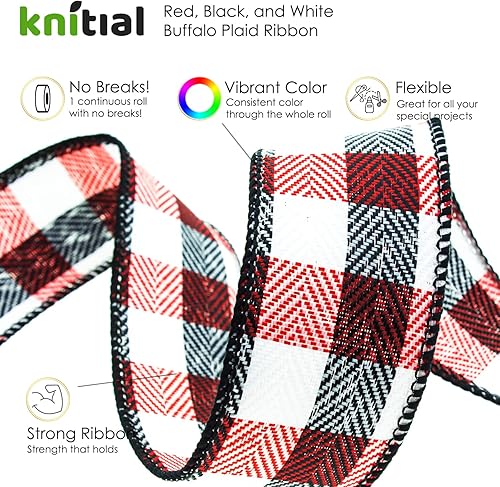 Miniatura 10 de Knitial Cinta a cuadros de búfalo con alambre de 2-12 pulgadas x 25 yardas, cinta negra y roja para envolver regalos, manualidades y decoraciones