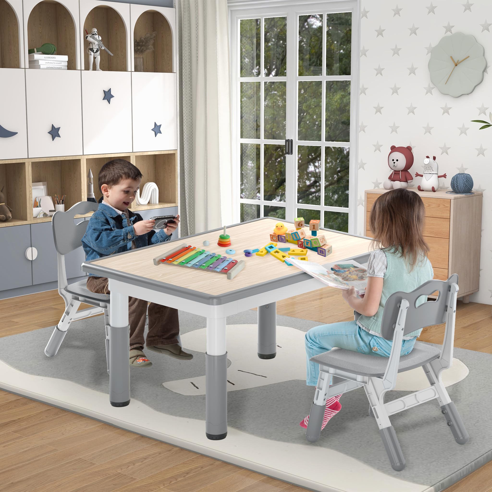 FIVMEN Tavolo per bambini con 2 sedie, set da tavolo per bambini, regolabile in altezza, 3 pezzi, in plastica, per cameretta dei bambini, da 2 anni, 80 x 60 cm