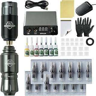 TTOOGO Wireless Tattoo Pen Kit - Complete Tattoo Pen Machine Kit Professional Rotary Tattoo Machine Kit with Power Supply Cartridge Needles Tattoo Ink Tattoo Artists Lining Shading Coloring Beginner,Gray