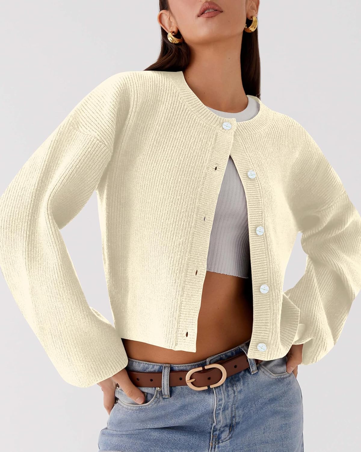 Zyyfly Women's Cropped Cardigan Sweaters Chunky Knit Fall Long Sleeve Button Down Sweater Jackets - Image 3