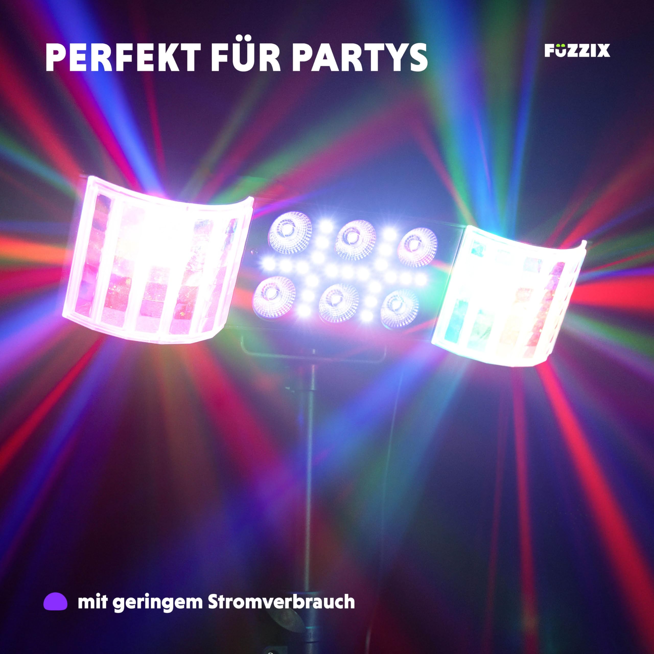 Fuzzix DerbyStar2 Partybar – Discolicht Partylicht mit Doppel Derby, inkl. 170cm Stativ & Fernbedienung, RGB-UV Disco PAR Bühnenbeleuchtung & Stroboskop Blitzer, DJ Beleuchtung, Schwarz