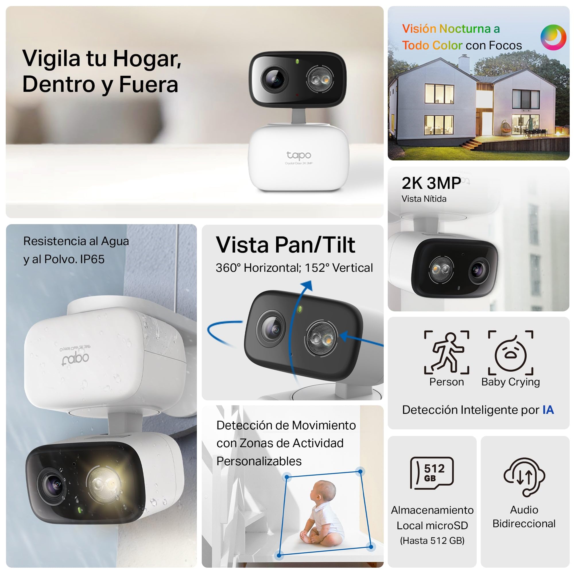 Tapo C216, Mini Cámara de Vigilancia 2K 3MP 360°, Grabación Interior/Exterior, Detección IA y Notificaciones, Tarjeta MicroSD de hasta 512 GB