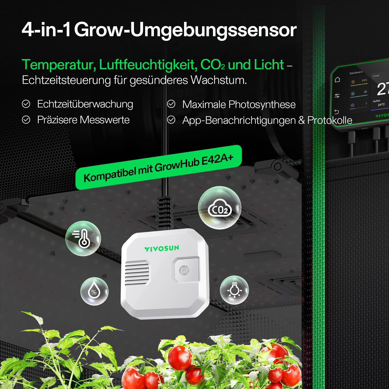 VIVOSUN 4-in-1 Sensor für Temperatur, Luftfeuchtigkeit, CO2 und Licht | VPD Monitoring, hohe Genauigkeit, kompatibel mit GrowHub E42A+ für Growzelt & Indoor Pflanzen