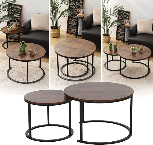 Miniatura 5 de KAHOO Mesas de café redondas apilables modernas de madera para espacios compactos, sala de estar, lugares pequeños, color marrón