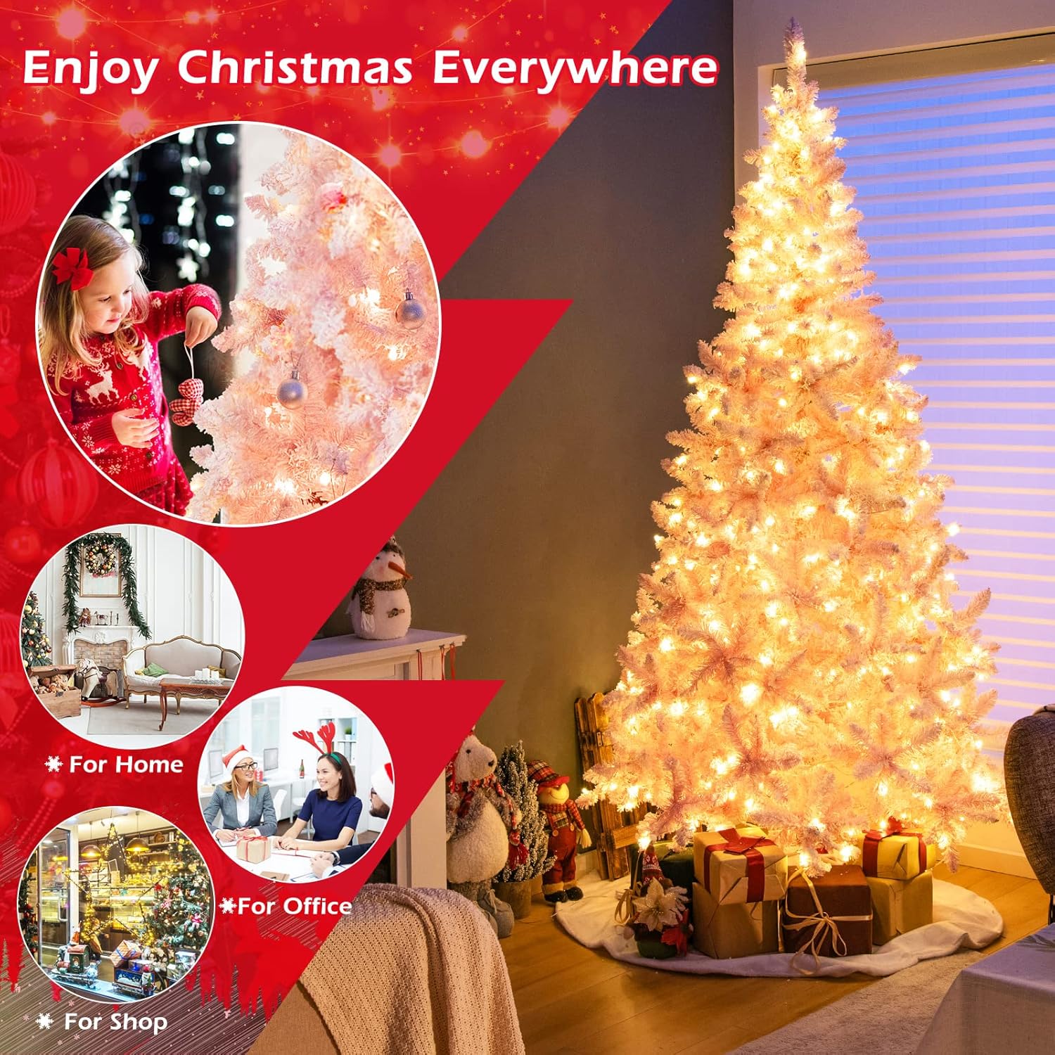DORTALA Pink Pre-lit Christmas Tree, 7.5FT Flocked Artificial Xmas Tree with 450 Warm-White LED Lights, 1100 Branch Tips, 8 Lighting Modes, Holiday Decor Tree for Home Party