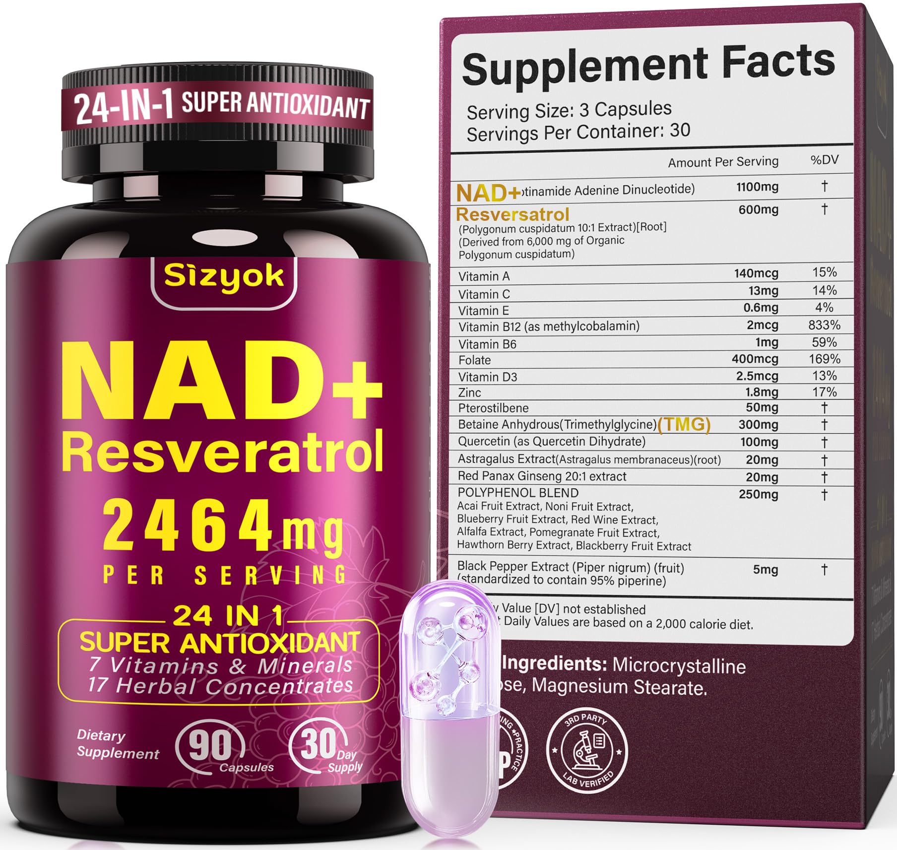 NAD+ Supplement 1100mg Pure Organic, Liposomal NAD+ Resveratrol Supplement for Women and Men, Support NAD+ Levels