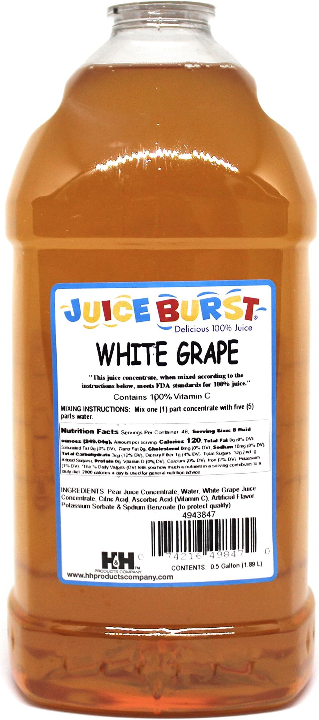 Juice Burst White Grape 100% Juice Concentrate - No Artificial Color Added - Clear Juice - Ideal for Daycare Schools Cafeterias Churches - 64 Oz