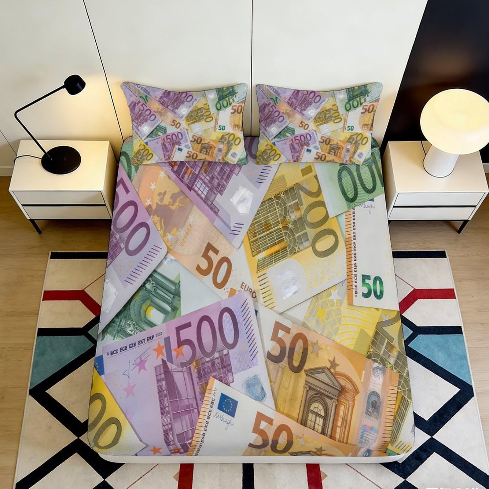 3D Printed Euro Banknote Pattern Fitted Sheet Microfiber Soft Mattress Cover Colorful Money Bedroom Decor 90x200x25cm