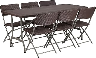 EMMA + OLIVER 5.62-Foot Brown Rattan Indoor-Outdoor Plastic Folding Table Set with 6 Chairs