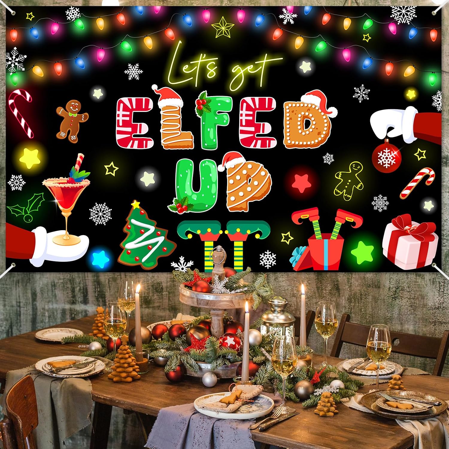 Avezano Let's Get Elfed Up Backdrop Xmas Kids Elfed Party Decorations Banner Elf Christmas Birthday Photography Background Winter Holiday Party Decoration Banner (6x3.6ft)
