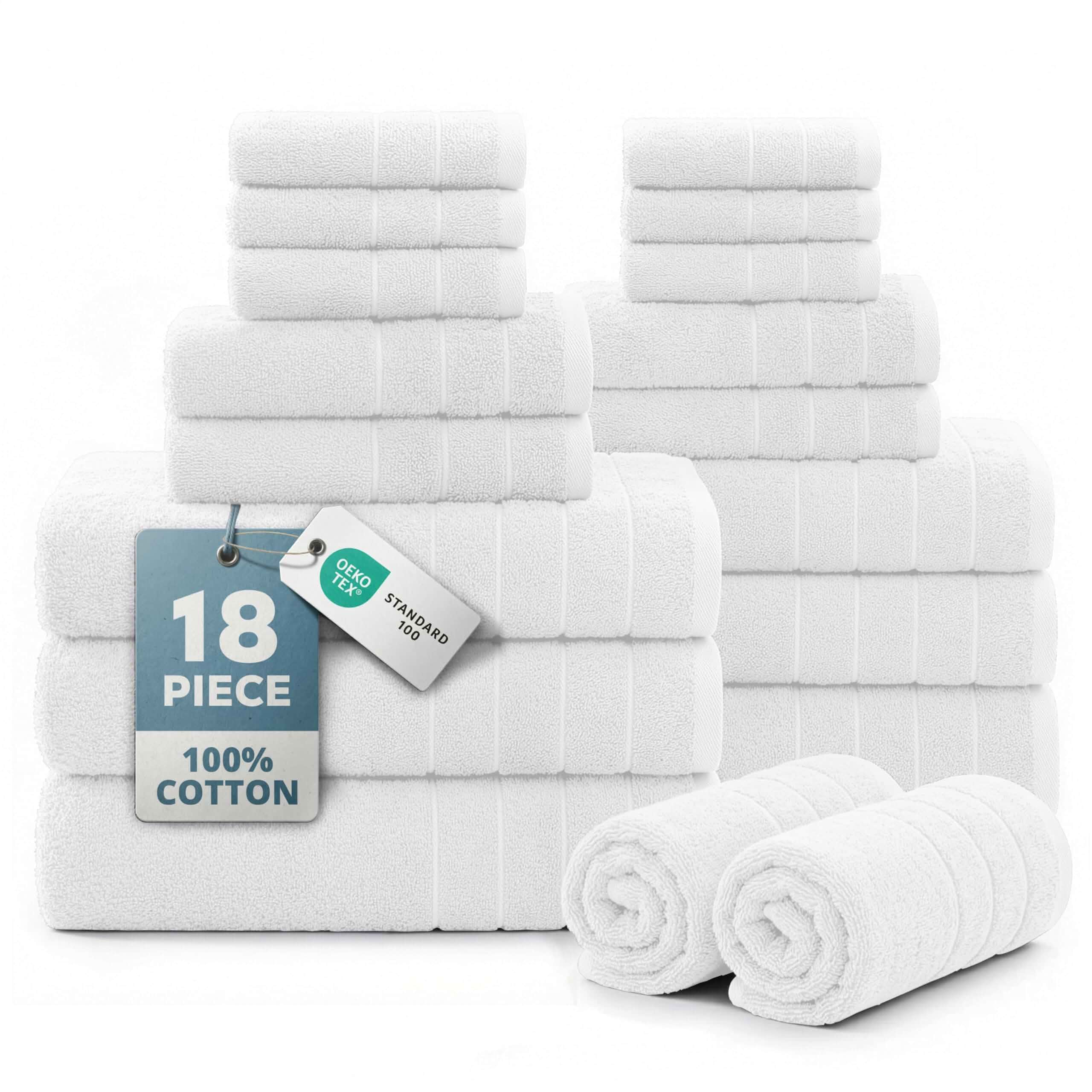 Casa Platino Bath Towel Set 100% Cotton 18 Piece Soft Absorbent - WhiteCotton Bath Towels, Soft & Durable, Ring-Spun, Ideal for the Home & Spa, with OEKO-TEX