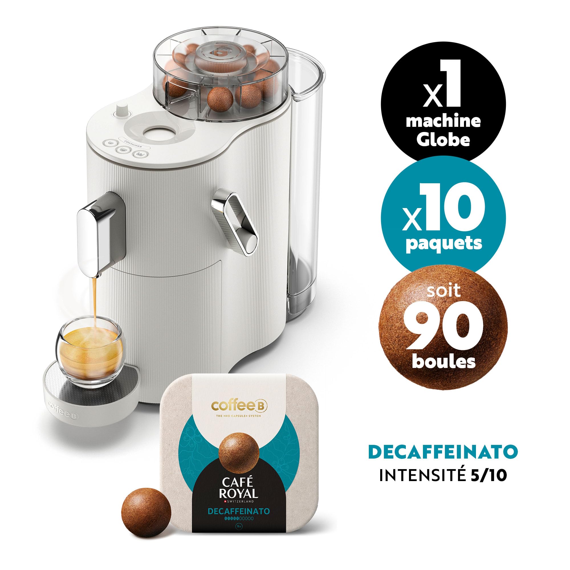 CAFE ROYAL SWITZERLAND PROFESSIONAL Machine à Café CoffeeB Globe Blanc 1.3L avec 90 Coffee Balls Déca - 100% Compostables