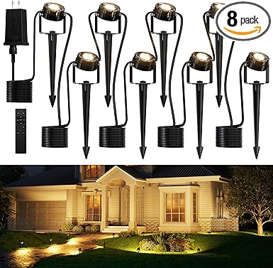 JACKYLED 8-Light LED Low Voltage Landscape Lighting, 9W Outdoor Spot Lights with Adapter, 3000K Warm White, ON/Off Timer, IP65 Waterproof Spotlights with Spiked Stand for Pathway, Patio, Tree, 63FT