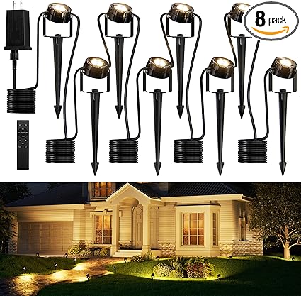 JACKYLED 8-Light LED Low Voltage Landscape Lighting, 9W Outdoor Spot Lights with Adapter, 3000K Warm White, ON/Off Timer, IP65 Waterproof Spotlights with Spiked Stand for Pathway, Patio, Tree, 63FT