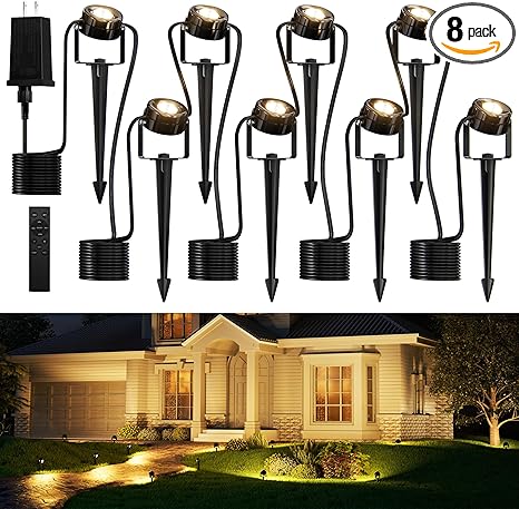 JACKYLED 8-Light LED Low Voltage Landscape Lighting, 9W Outdoor Spot Lights with Adapter, 3000K Warm White, ON/Off Timer, IP65 Waterproof Spotlights with Spiked Stand for Pathway, Patio, Tree, 63FT
