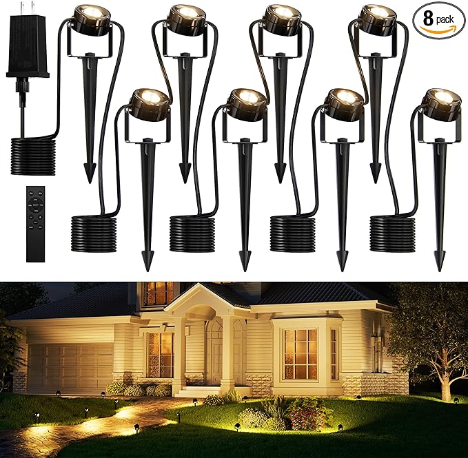 JACKYLED 8-Light LED Low Voltage Landscape Lighting, 9W Outdoor Spot Lights with Adapter, 3000K Warm White, ON/Off Timer, IP65 Waterproof Spotlights with Spiked Stand for Pathway, Patio, Tree, 63FT