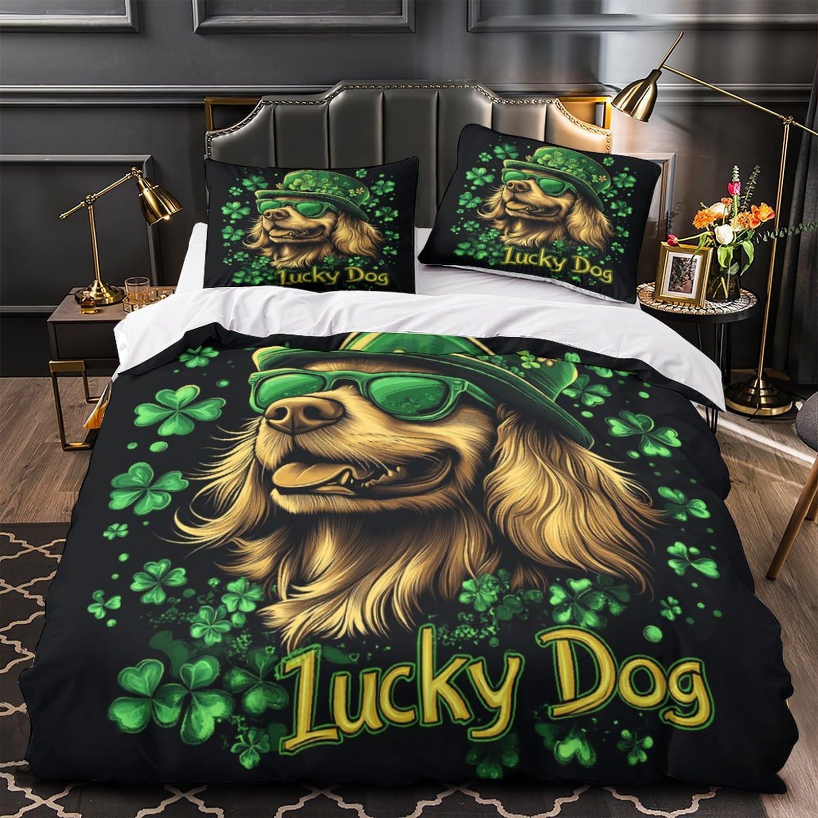 Housse de couette 200x200 cm microfibre durable thème chien porte-bonheur