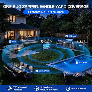 Solar Bug Zapper Outdoor Waterproof, 4500V High Power Cordless Mosquito Zapper with Smart Light Sensor, Dual Solar & USB Rechargeable Insect Killer for Patio, Garden, Backyard, Indoor & Outdoor Use