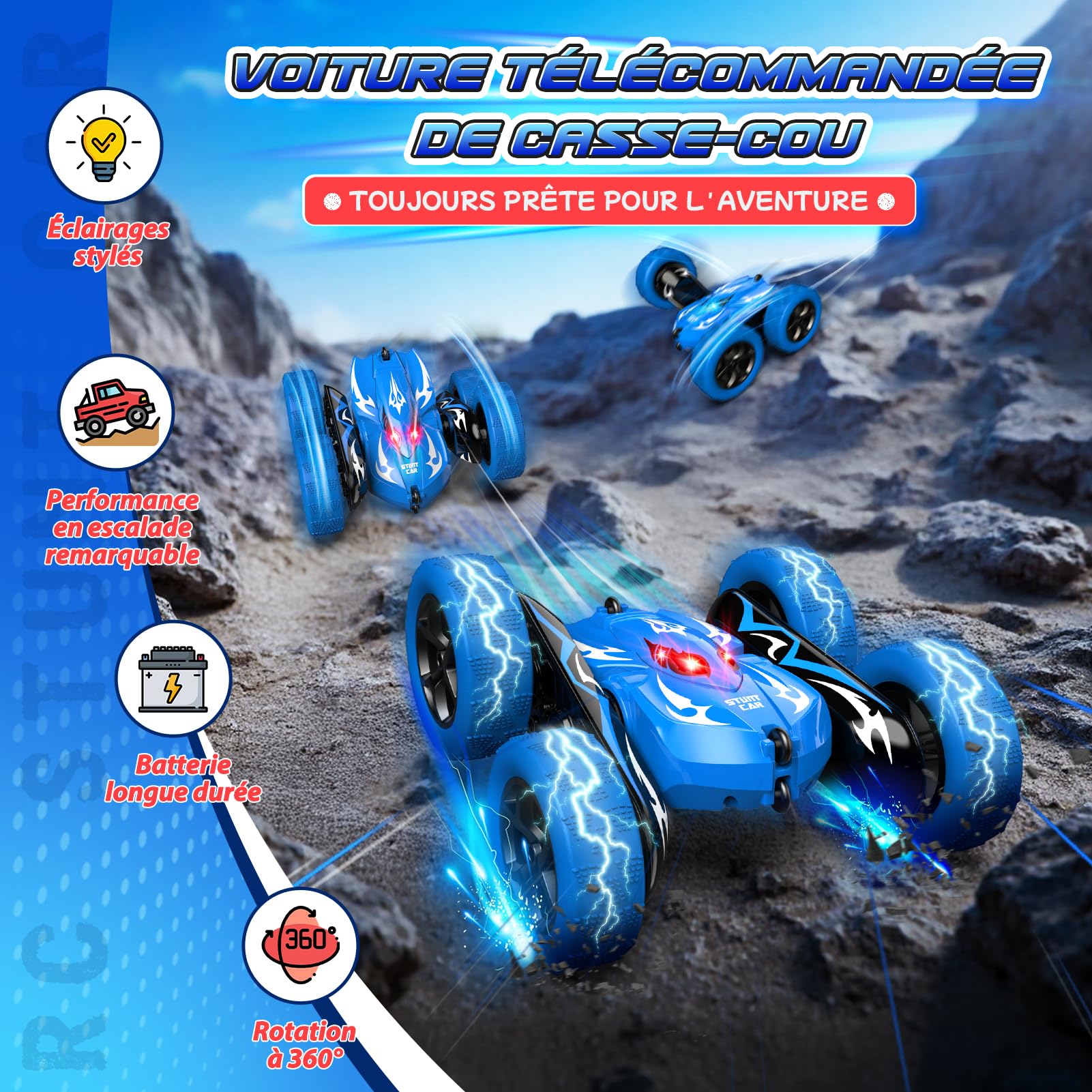 HappyGoLucky Voiture Telecommandé Enfant, 360° Rotation Voiture Télécommandée Monster Truck, 2.4Ghz 4WD Voiture Rc Car Jouet Cadeau Enfant Garcon 3-9 Ans Jeux Exterieur Cadeau Anniversaire