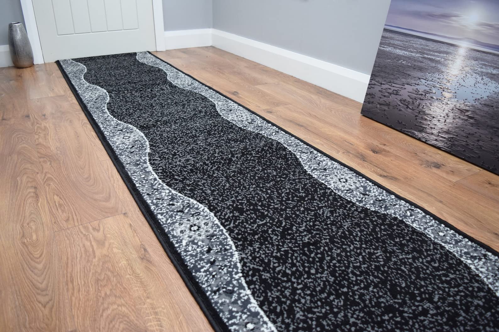 SrS Rugs® Luna Collection, Modern Long Carpet Runner Rug for Entrance Hall and Stairs. Smooth Soft 8mm Depth Pile. 70cm Wide. Any length (Black Floral Borders, Length: 3' (91cm)) — image 1