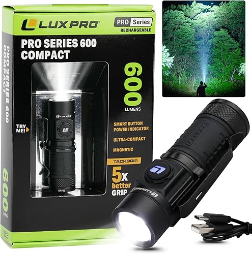 LUXPRO Linterna LED recargable Pro Series de altos lúmenes, diseño compacto e impermeable con 3 modos, linterna brillante para exteriores,