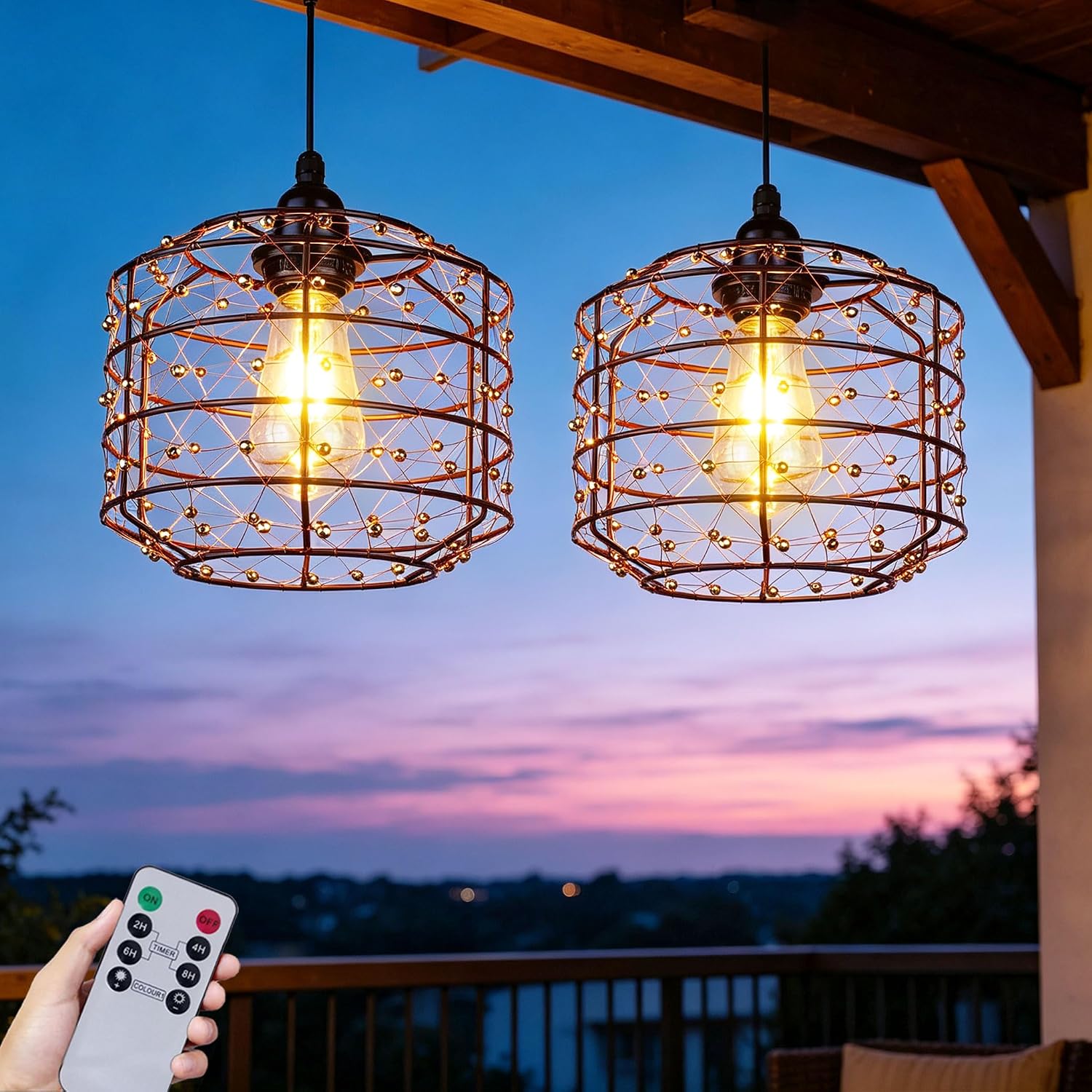 Battery Operated Hanging Outdoor Chandelier, 7.9'' Set of 2