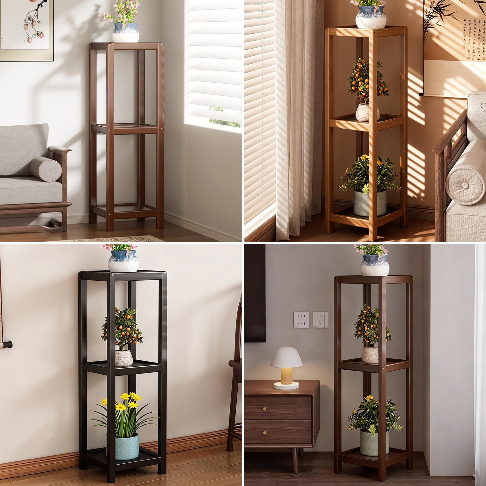 Soporte vertical cuadrado para plantas de interior, estante de bambú de 3 niveles para plantas de esquina, soporte para plantas de interior, estante de exhibición de macetas de flores para balcón