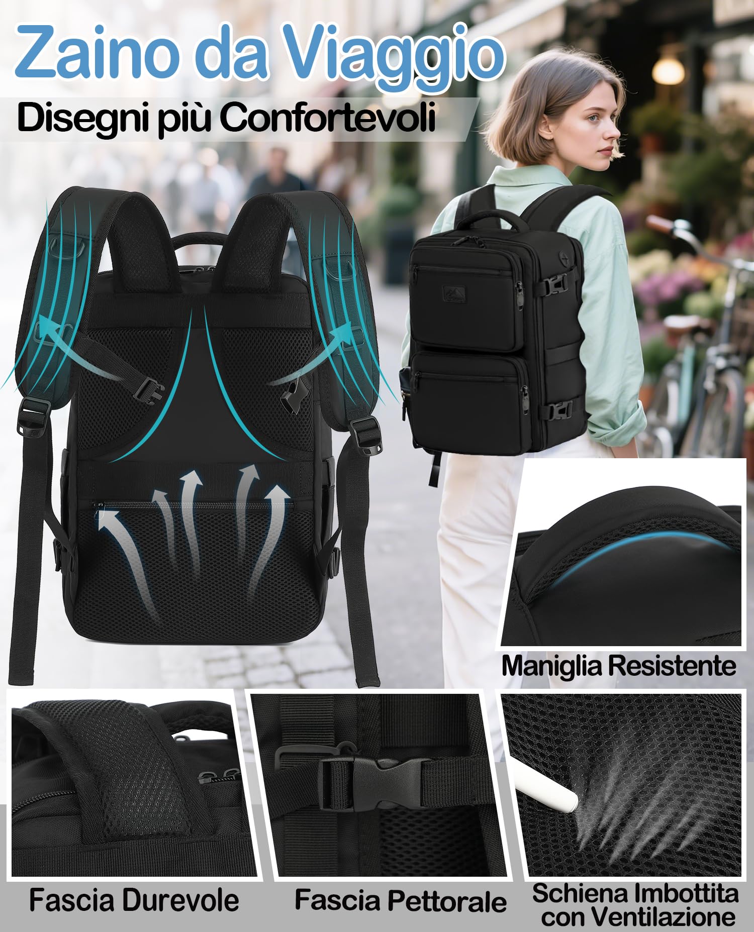 LYNXCHER Zaino Ryanair 40x20x25 da Viaggio Aereo Bagaglio a Mano 20L per Uomo e Donna Borsa da Cabina 14 Pollici Porta PC Nero