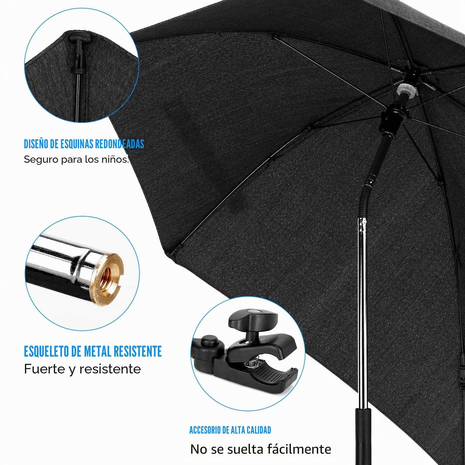 Sombrilla Universal Carrito de Bebé, Protección UV 50+, con Soporte para Tubos Redondos y Ovalados para Sombrilla Cochecito y Silla de Paseo Bebé,Doble Orificio de Sujeción,78cm Diámetro
