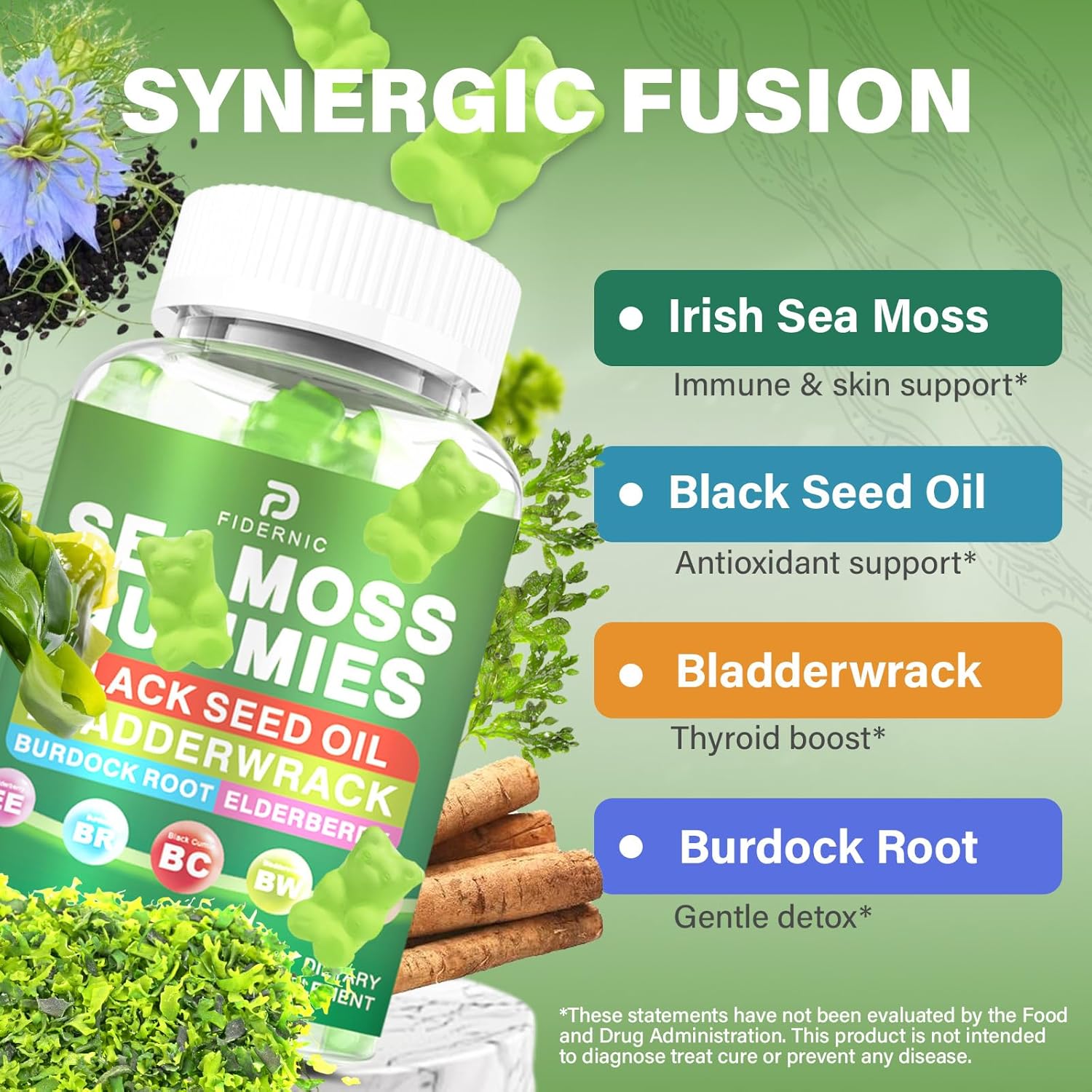 Sea Moss Gummies – Irish Sea Moss with Black Seed Oil, Bladderwrack, Burdock Root for Immune & Detox Support, Vegan Green Apple Flavor Gummies for Adults, Kids, Men, Women - 60 Gummies - Image 5