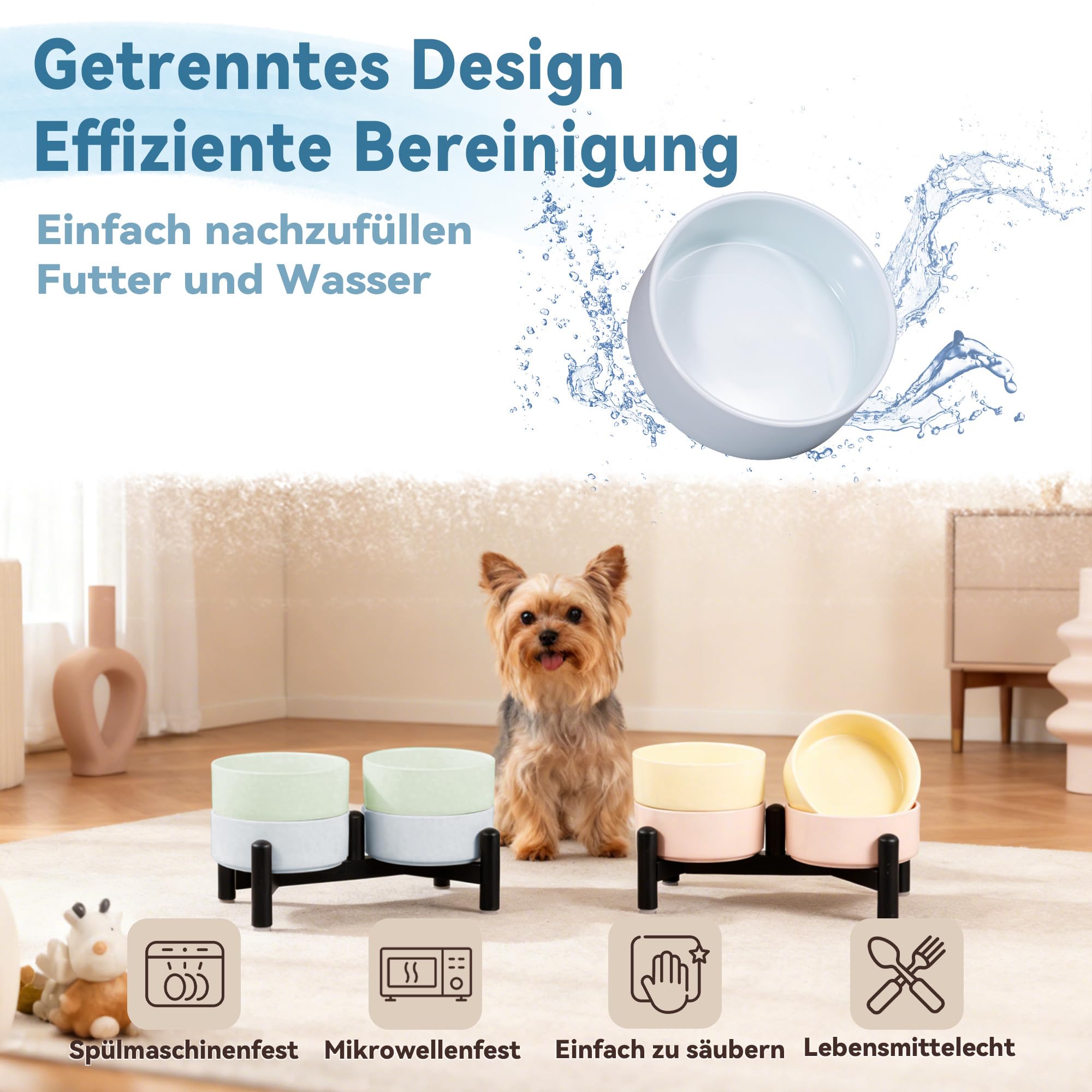 Keramik Hundenapf Erhöht mit Edelstahl-Ständer - Stylisch Doppelnapf Futterstation für Katzen und Kleine Hunde - rutschfest Hund Napf Set für Futter und Wasser - 140g / 260ml - Höhe 10cm - Blau