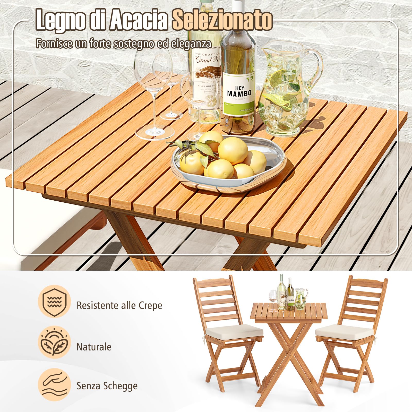 COSTWAY Bistro Set Esterno Legno Acacia Tavolo 2 Sedie Pieghevoli con Cuscini