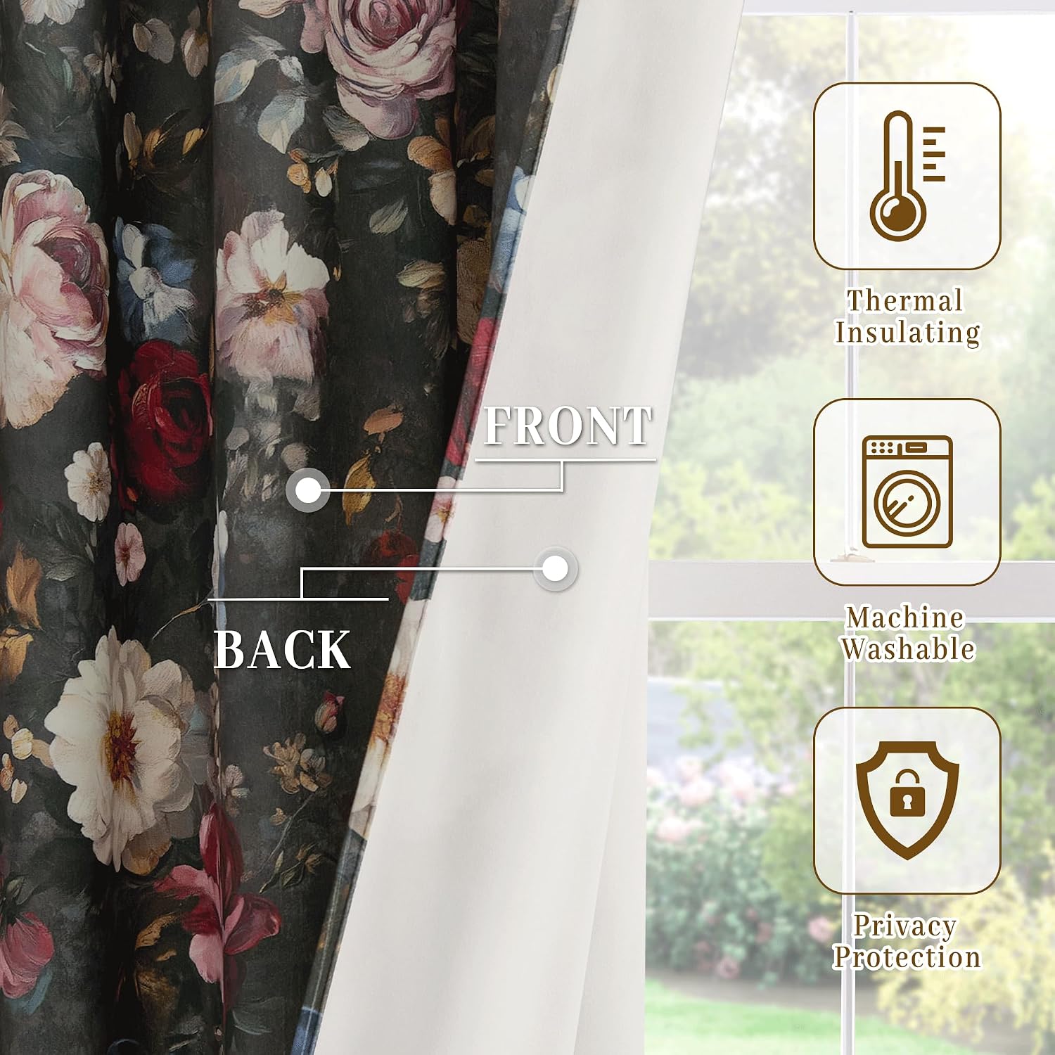 StangH Vintage Floral Curtains for Living Room, Print Patterned Velvet Drapes with Privacy Classic Oil Painting Elegant Home Decor for Sliding Door, Flower on Charcoal, W52 x L84, 2 Panels
