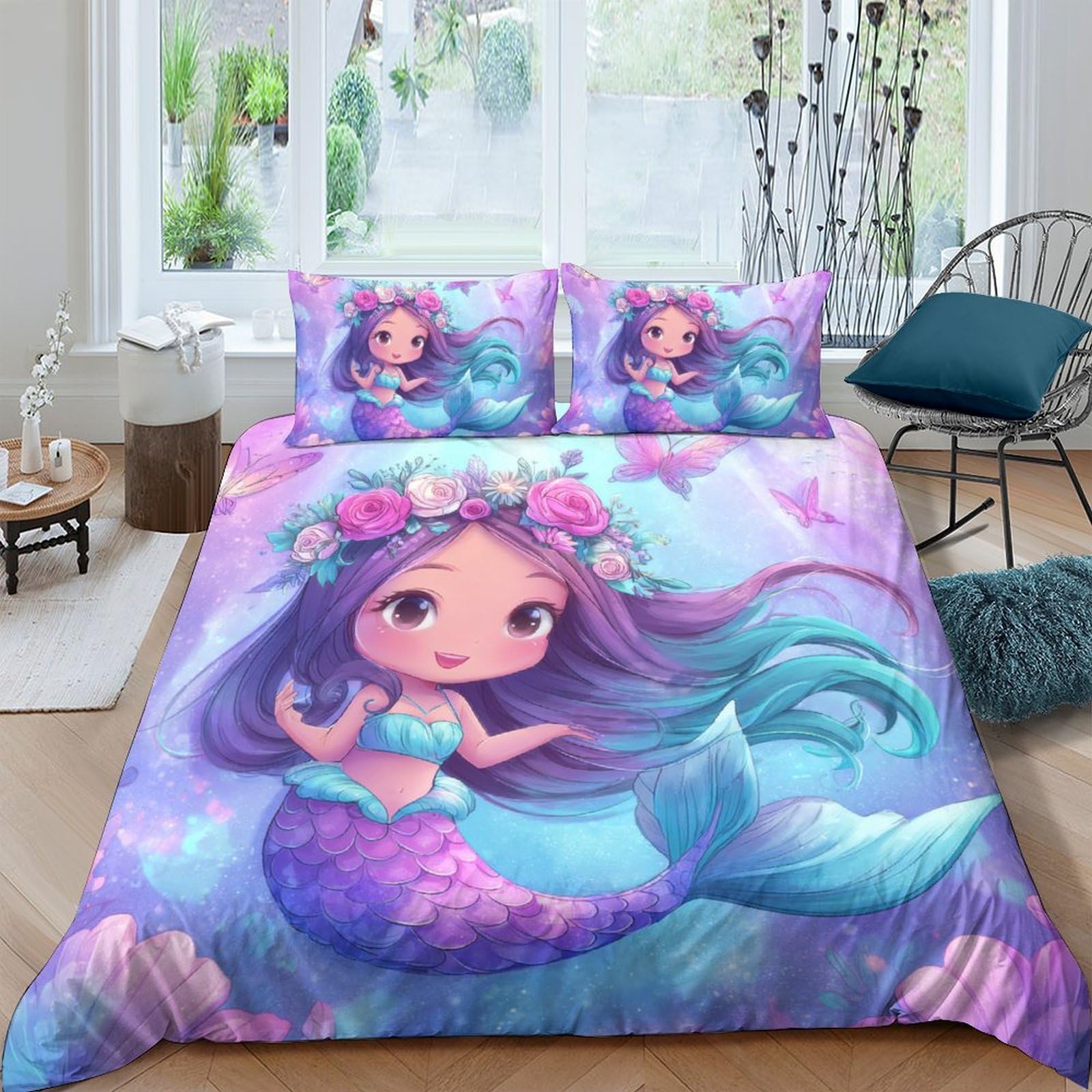 Ctjqhvkz Style-9 3D Printed Cute Mermaid Fitted Sheet Microfiber Pink Purple Ocean Fantasy Bed Cover Anti-Slip Machine Washable For Bedroom Guest Room Single（135X200cm）