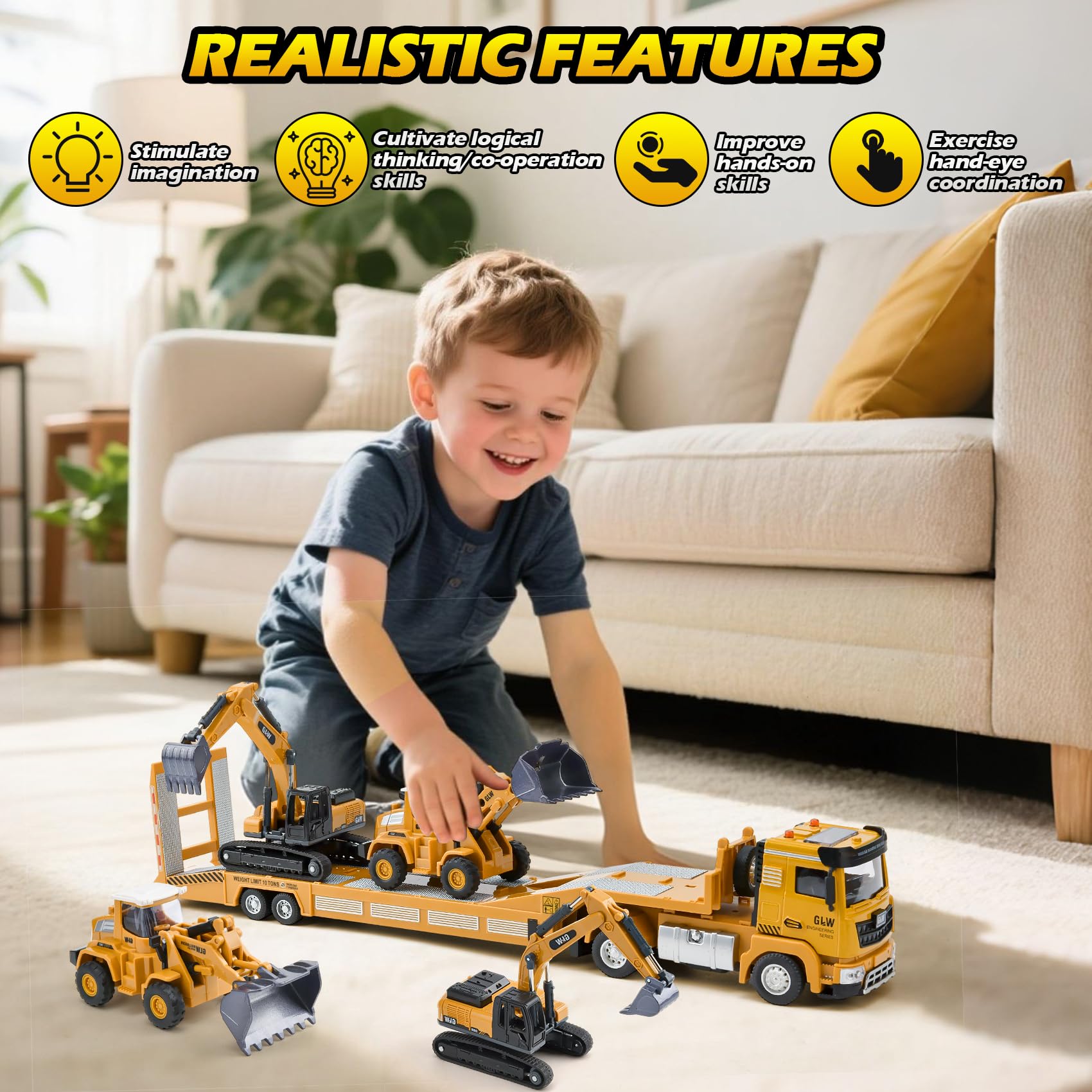 Chantier Jouet Enfants, Camion Transporteur de Petites Voitures avec Excavatrice Bulldozer, Transporteur Véhicule, Camion Dépanneuse Enfant, Jeux Voiture Garçon pour Garçon 3 4 5 6 7 Ans